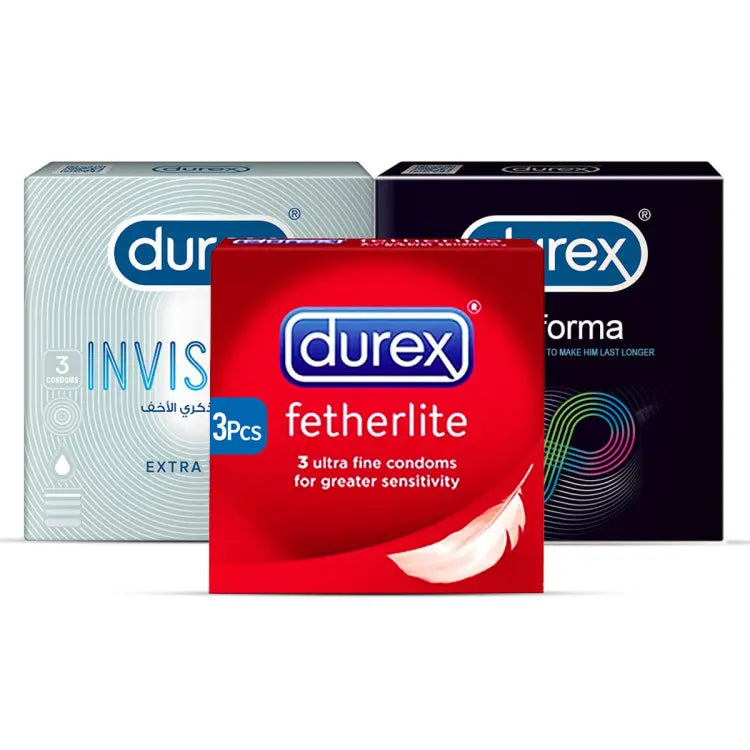 Durex Condoms Invisible Extra Thin Condoms 3s + Performa Longer Lasting Timing Condoms 3s + Featherlite Ultra Fine Greater Sensitivity Condoms 3s – Try Me Pack of 3