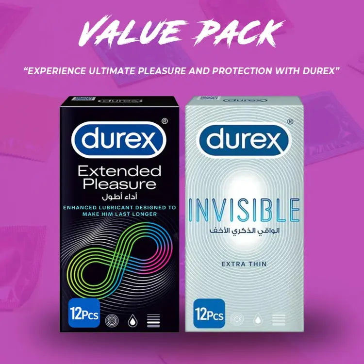 Durex Pack of 2 – Durex Extended Pleasure 12s Condoms + Durex Invisible Extra Thin 12s Condoms