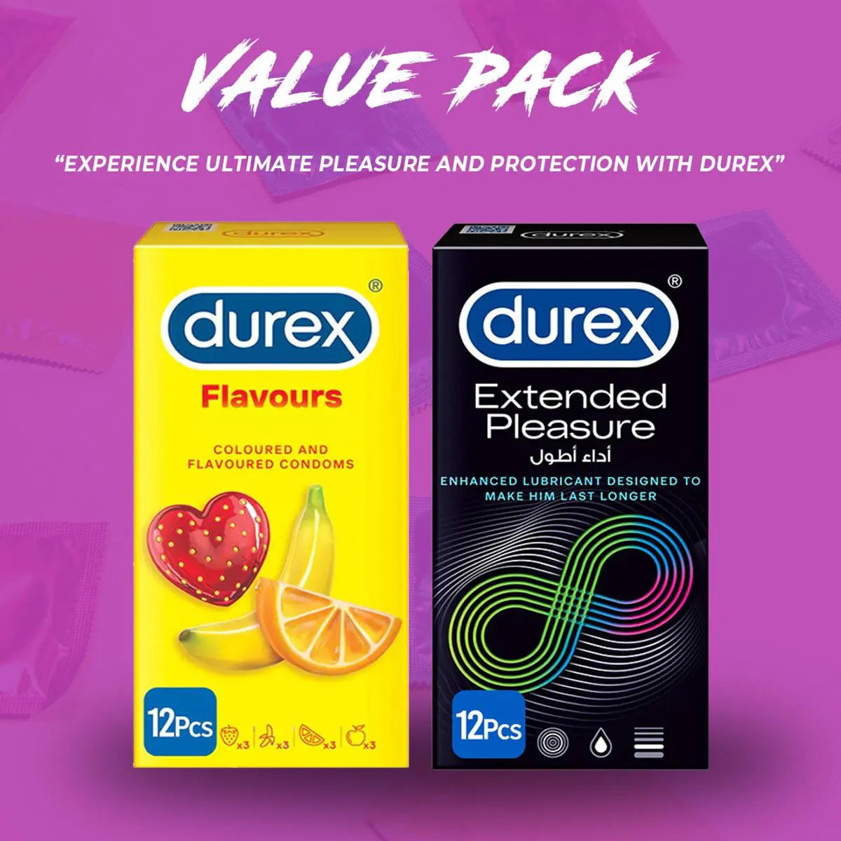 Durex Pack of 2 – Durex Extended Pleasure Condoms 12’s + Durex Flavoured Condoms of Different Flavoured 12’s