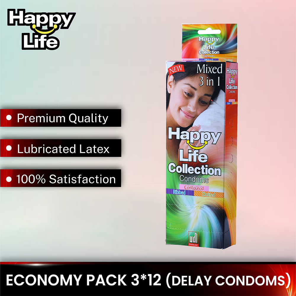 Happy Life Collection – Ribbed, Contoured, Dotted Condoms (12×3) Bulk Pack