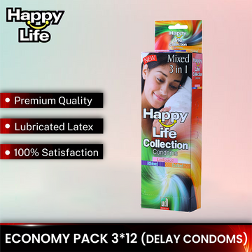 Happy Life Collection – Ribbed, Contoured, Dotted Condoms (12×3) Bulk Pack