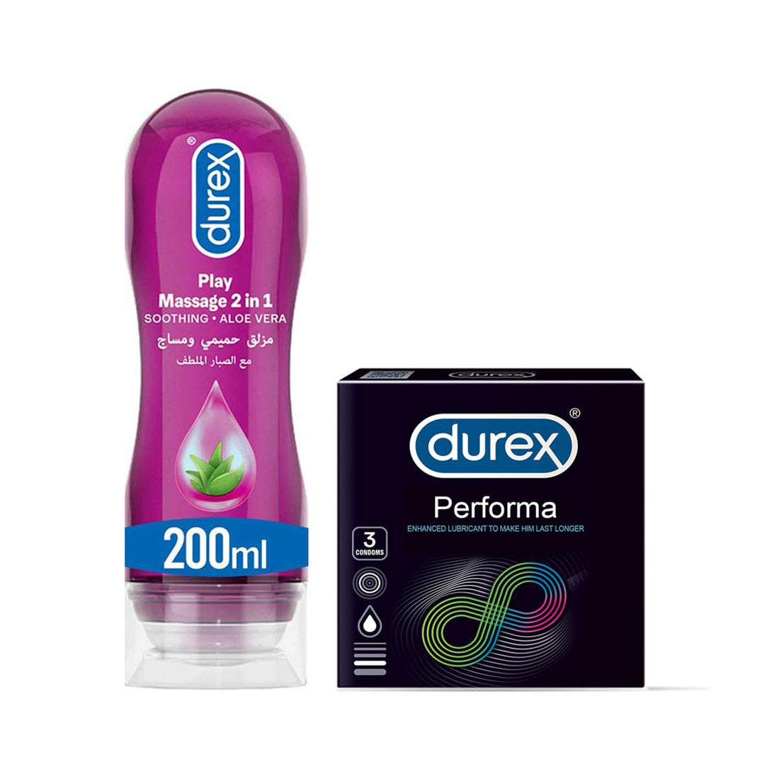 Pack of 2 – Durex Play Massage 2 in 1 Aloe Vera Gel 200ml + Durex Performa Long Lasting Timing Condoms 3’s