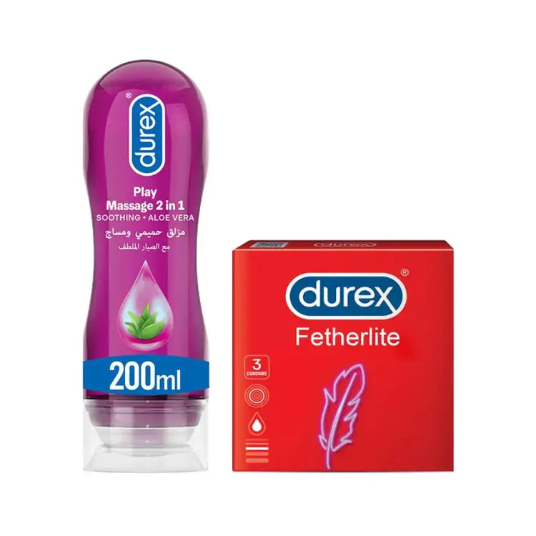 Pack of 2 – Durex Play Massage 2 in 1 Aloe Vera Gel 200ml + Durex Fetherlite Ultra Thin Feel Condoms 3’s