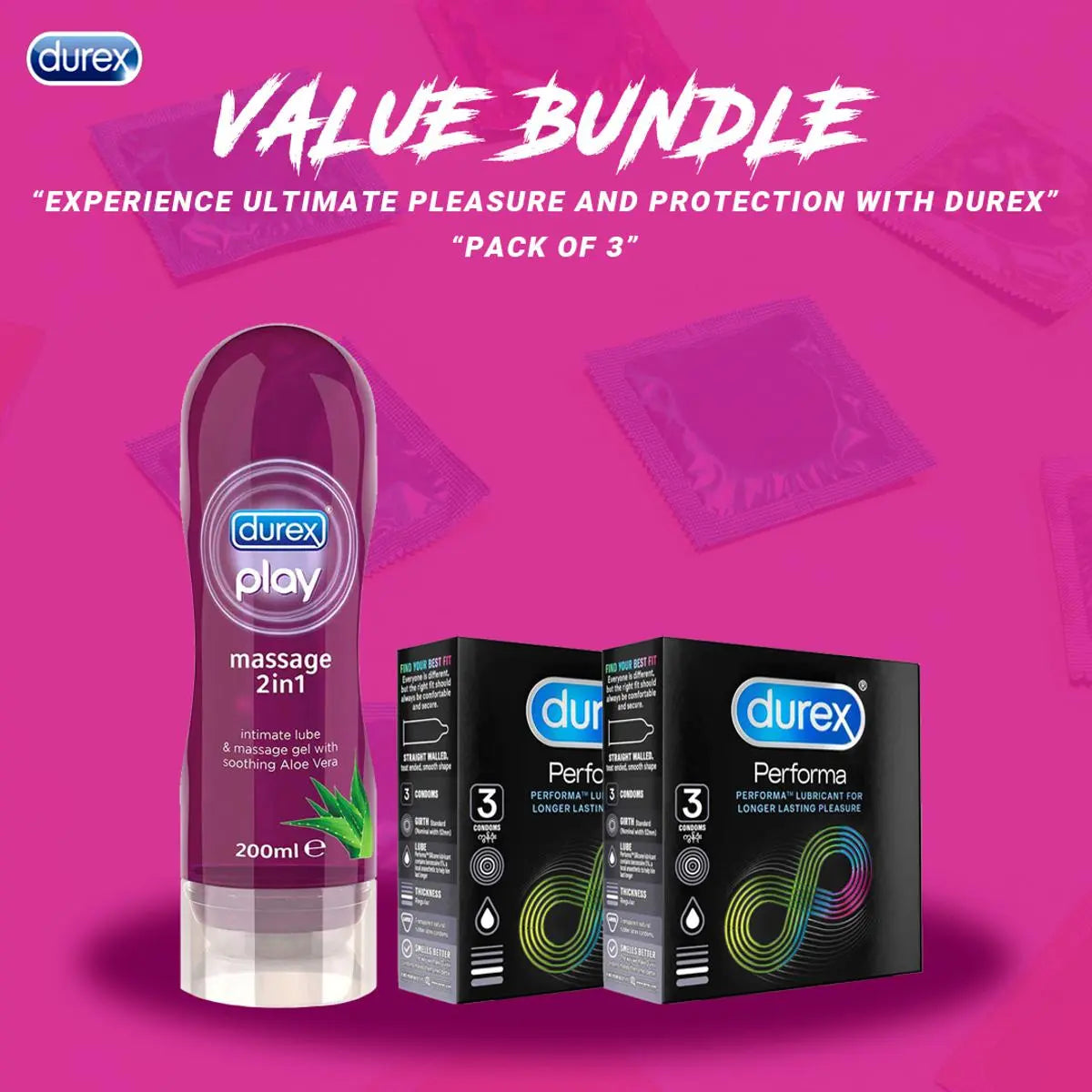 Product details of Pack of 2 – Durex Play Massage 2 in 1 Aloe Vera Gel 200ml + Durex Performa Long Lasting Timing Condoms 6’s